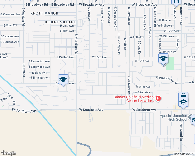 map of restaurants, bars, coffee shops, grocery stores, and more near 2101 South Meridian Road in Apache Junction