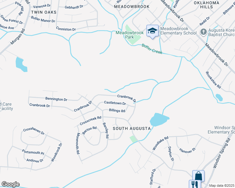 map of restaurants, bars, coffee shops, grocery stores, and more near 2638 Cranbrook Drive in Hephzibah