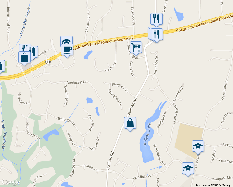 map of restaurants, bars, coffee shops, grocery stores, and more near 52 Springfield Court in Newnan