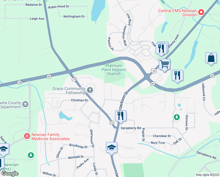 map of restaurants, bars, coffee shops, grocery stores, and more near 300 Jackson Street in Newnan