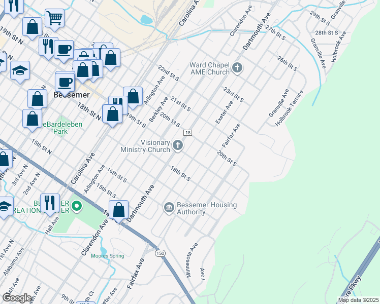 map of restaurants, bars, coffee shops, grocery stores, and more near 419 19th Street South in Bessemer
