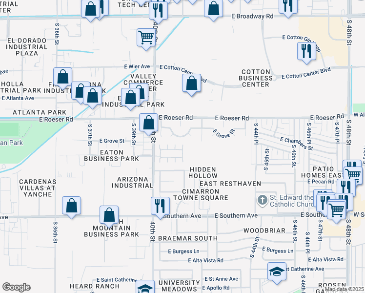 map of restaurants, bars, coffee shops, grocery stores, and more near 4140 East Chambers Street in Phoenix