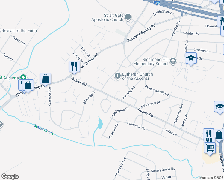map of restaurants, bars, coffee shops, grocery stores, and more near 2171 Rosier Road in Augusta