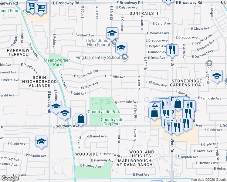 map of restaurants, bars, coffee shops, grocery stores, and more near 3214 East Emerald Circle in Mesa