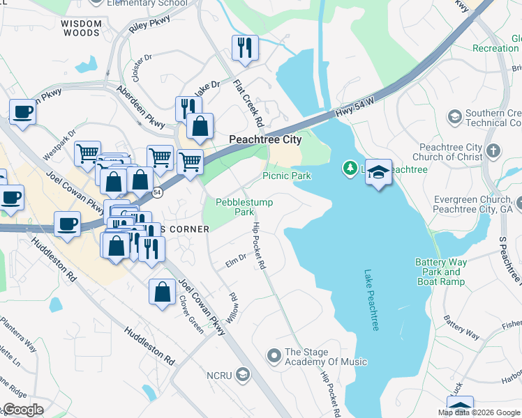 map of restaurants, bars, coffee shops, grocery stores, and more near 301 Hip Pocket Road in Peachtree City