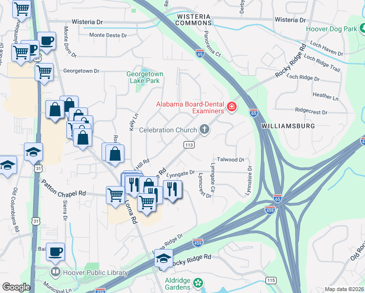 map of restaurants, bars, coffee shops, grocery stores, and more near 1101 Ashbury Square in Birmingham