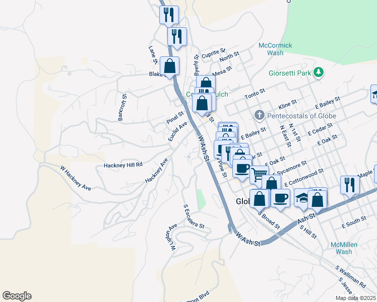 map of restaurants, bars, coffee shops, grocery stores, and more near 460 North Willow Street in Globe