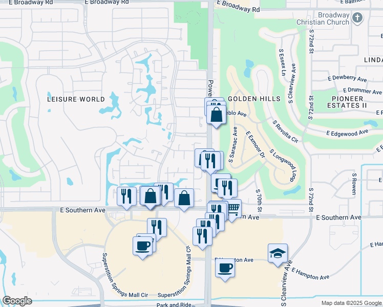 map of restaurants, bars, coffee shops, grocery stores, and more near 50 Leisure World in Mesa