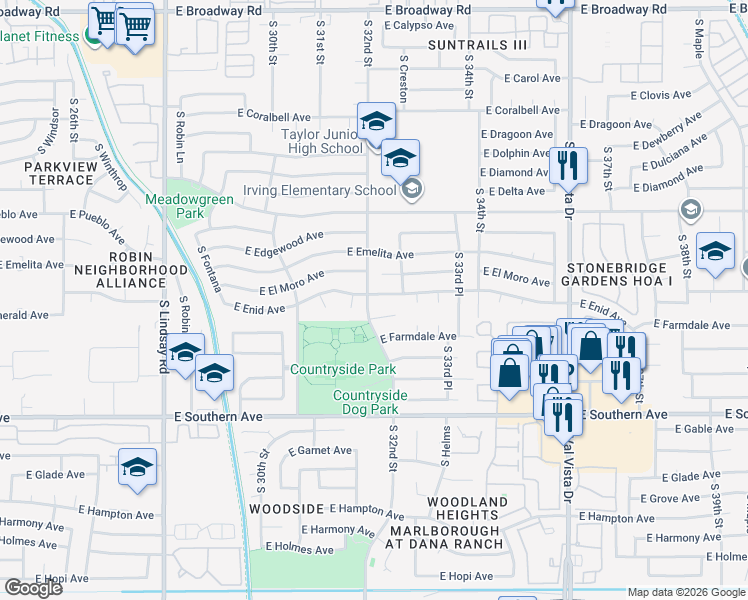 map of restaurants, bars, coffee shops, grocery stores, and more near 3214 East Emerald Circle in Mesa