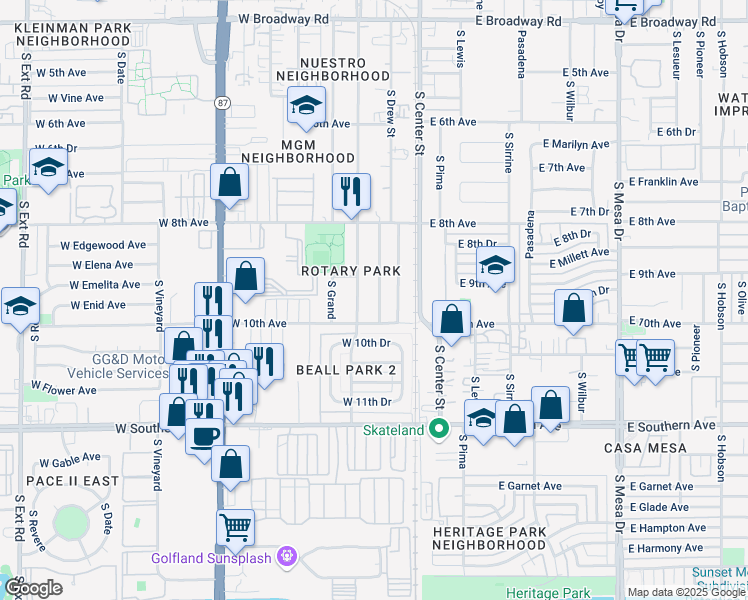 map of restaurants, bars, coffee shops, grocery stores, and more near 955 South Macdonald in Mesa
