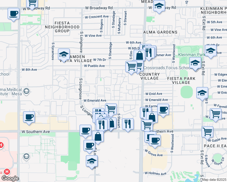 map of restaurants, bars, coffee shops, grocery stores, and more near 1342 West Emerald Avenue in Mesa