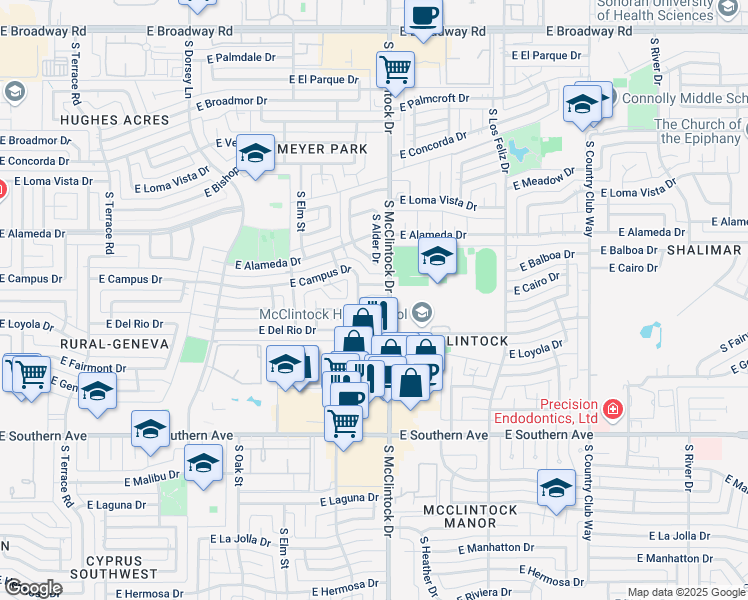 map of restaurants, bars, coffee shops, grocery stores, and more near 1657 East Wesleyan Drive in Tempe