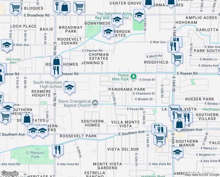 map of restaurants, bars, coffee shops, grocery stores, and more near 1205 East Chambers Street in Phoenix