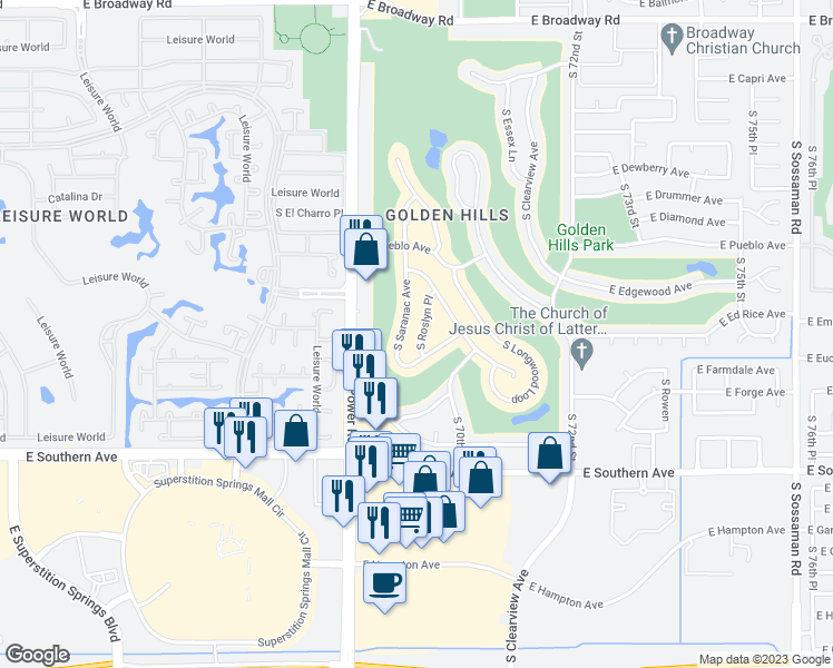 map of restaurants, bars, coffee shops, grocery stores, and more near 930 South Roslyn Place in Mesa