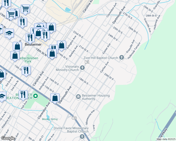 map of restaurants, bars, coffee shops, grocery stores, and more near 419 19th Street South in Bessemer