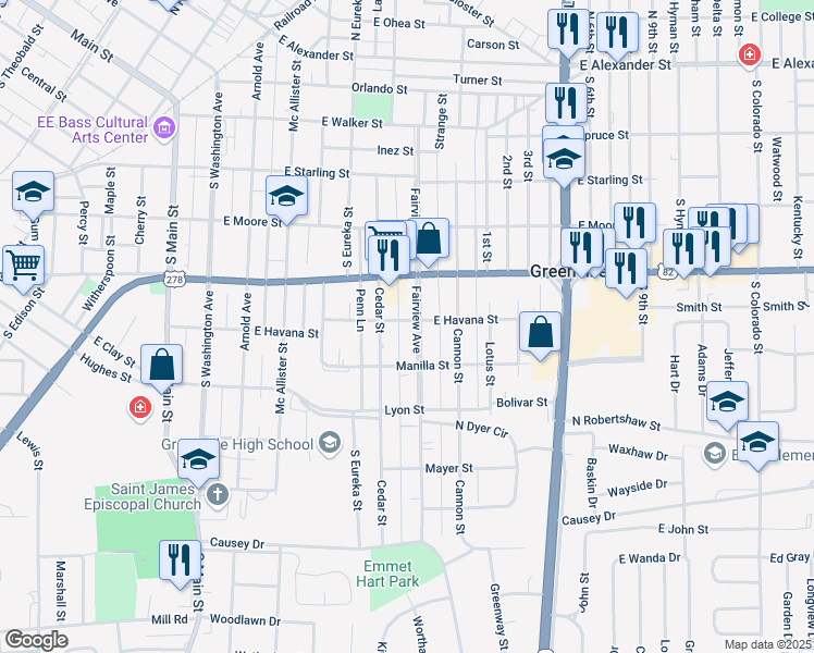 map of restaurants, bars, coffee shops, grocery stores, and more near 719 Fairview Ave in Greenville
