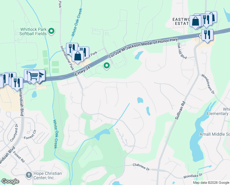 map of restaurants, bars, coffee shops, grocery stores, and more near 45 Woodridge Place in Newnan