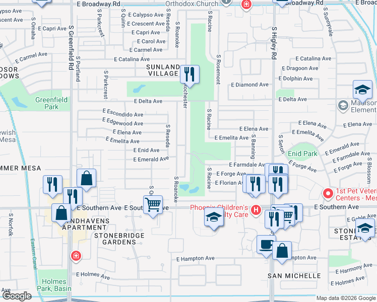 map of restaurants, bars, coffee shops, grocery stores, and more near 1001 South Rochester in Mesa