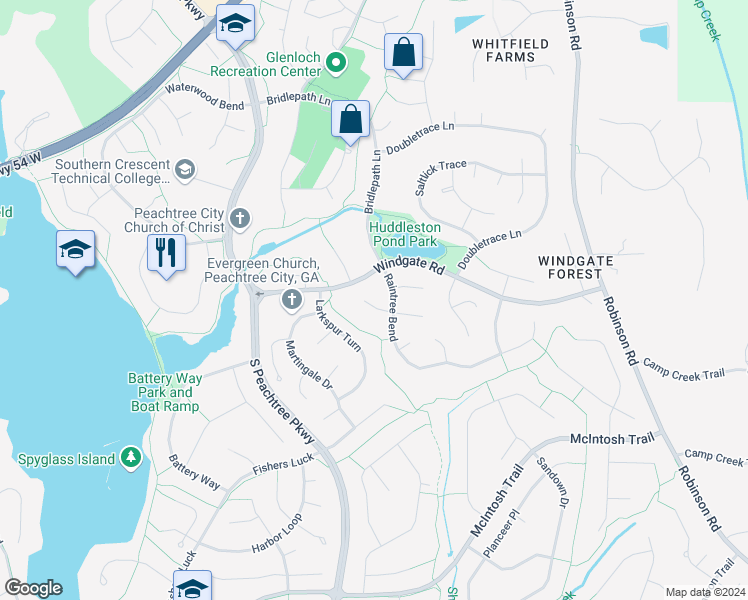 map of restaurants, bars, coffee shops, grocery stores, and more near 102 Whisper Trce in Peachtree City