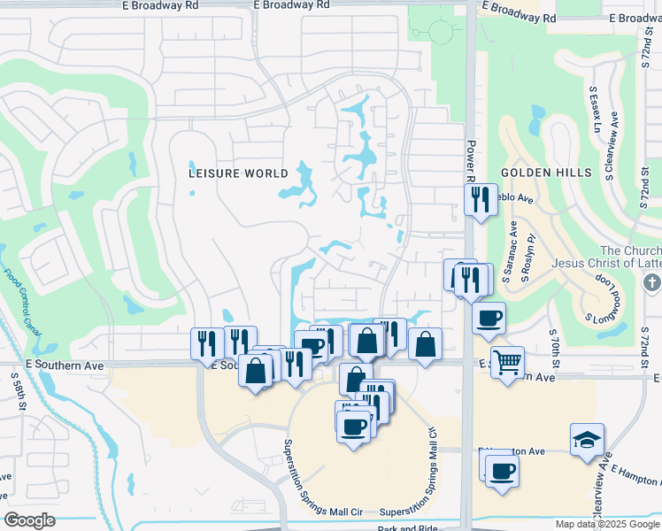 map of restaurants, bars, coffee shops, grocery stores, and more near 283 Leisure World in Mesa