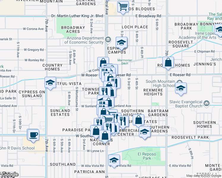 map of restaurants, bars, coffee shops, grocery stores, and more near 5403 South Central Avenue in Phoenix