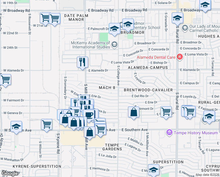 map of restaurants, bars, coffee shops, grocery stores, and more near 204 East Del Rio Drive in Tempe
