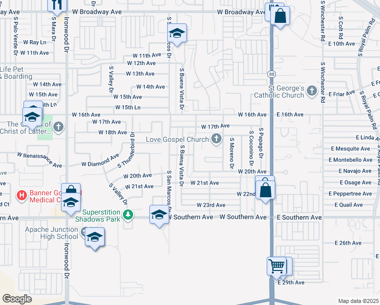 map of restaurants, bars, coffee shops, grocery stores, and more near 1923 South Buena Vista Drive in Apache Junction