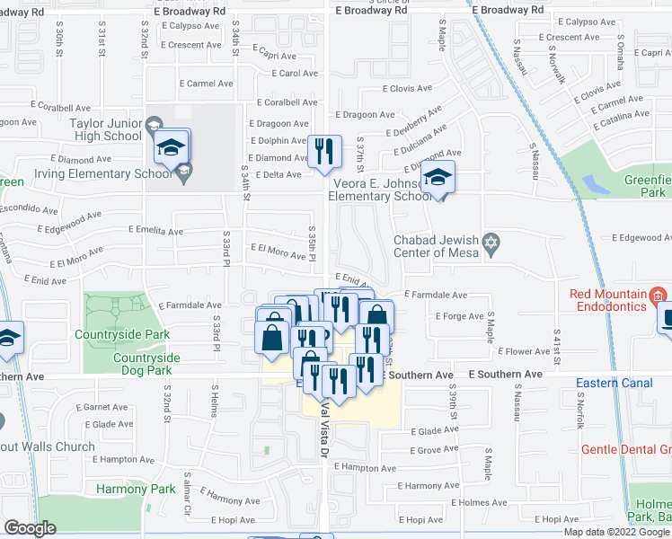 map of restaurants, bars, coffee shops, grocery stores, and more near 1015 South Val Vista Drive in Mesa