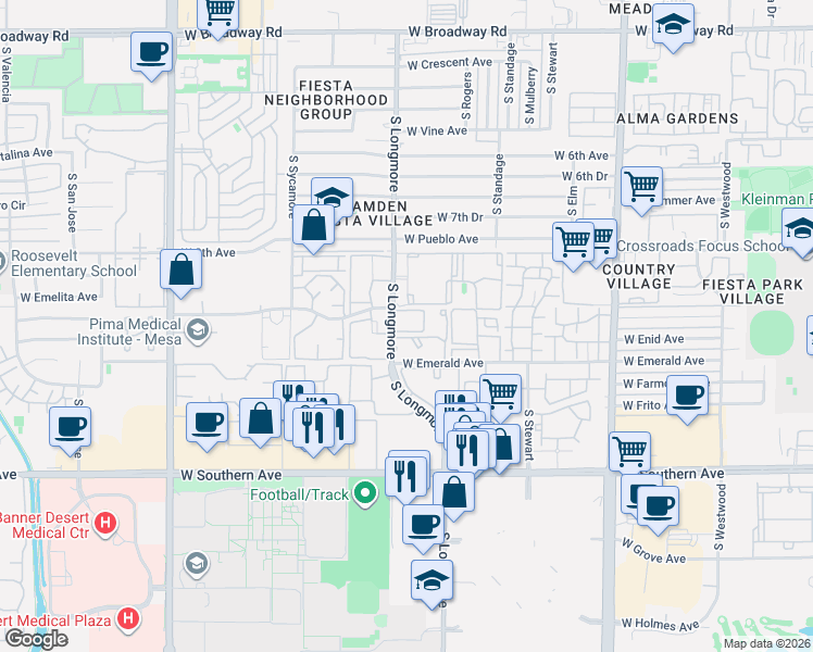 map of restaurants, bars, coffee shops, grocery stores, and more near 949 South Longmore in Mesa