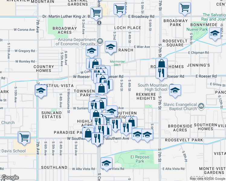 map of restaurants, bars, coffee shops, grocery stores, and more near 5402 South 3rd Street in Phoenix