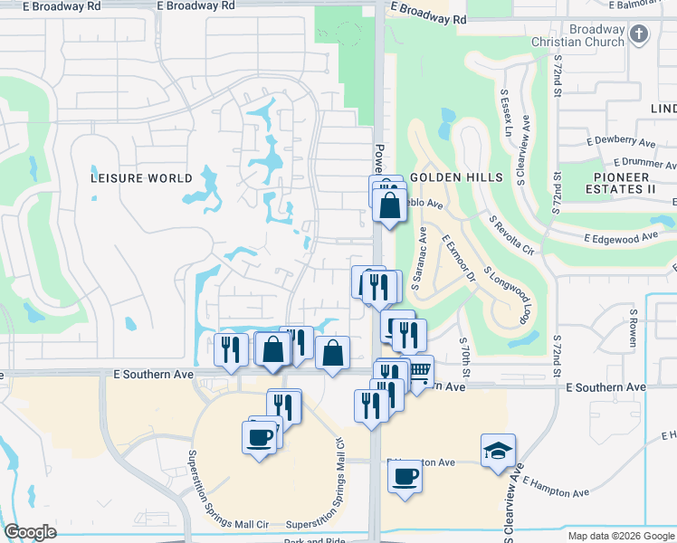 map of restaurants, bars, coffee shops, grocery stores, and more near 90 Leisure World in Mesa