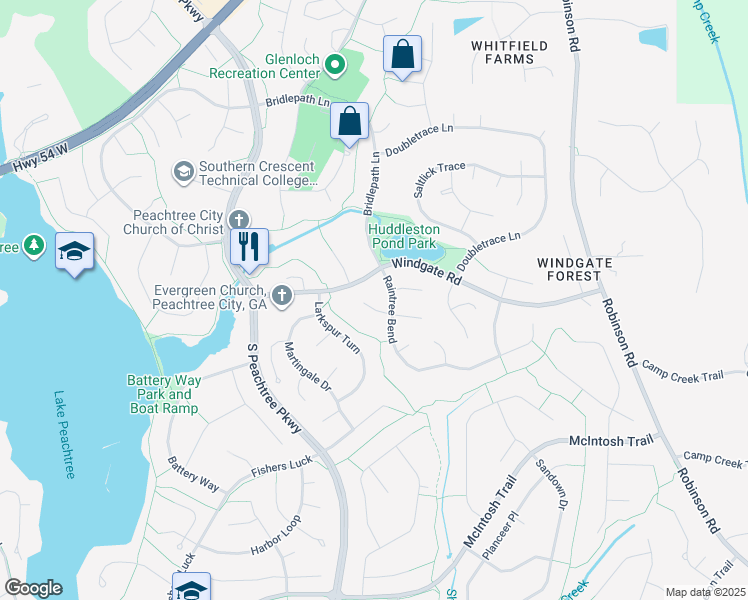 map of restaurants, bars, coffee shops, grocery stores, and more near 105 Whisper Trce in Peachtree City