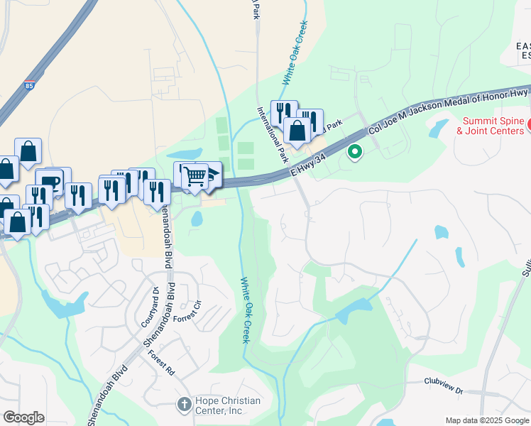 map of restaurants, bars, coffee shops, grocery stores, and more near 1585 Georgia 34 in Newnan