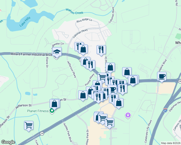 map of restaurants, bars, coffee shops, grocery stores, and more near 47 Postal Parkway in Newnan