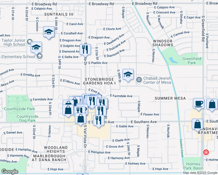 map of restaurants, bars, coffee shops, grocery stores, and more near 3725 East Emerald Avenue in Mesa