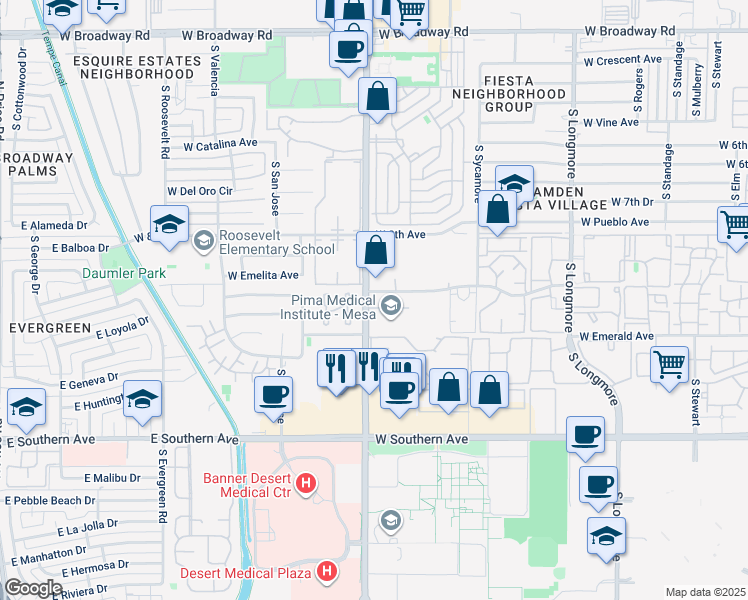 map of restaurants, bars, coffee shops, grocery stores, and more near 901 South Dobson Road in Mesa