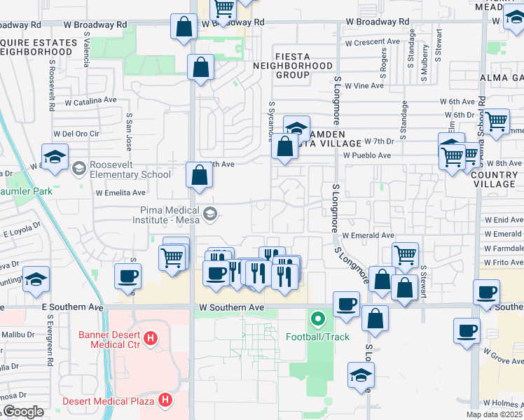 map of restaurants, bars, coffee shops, grocery stores, and more near 1825 West Emelita Avenue in Mesa