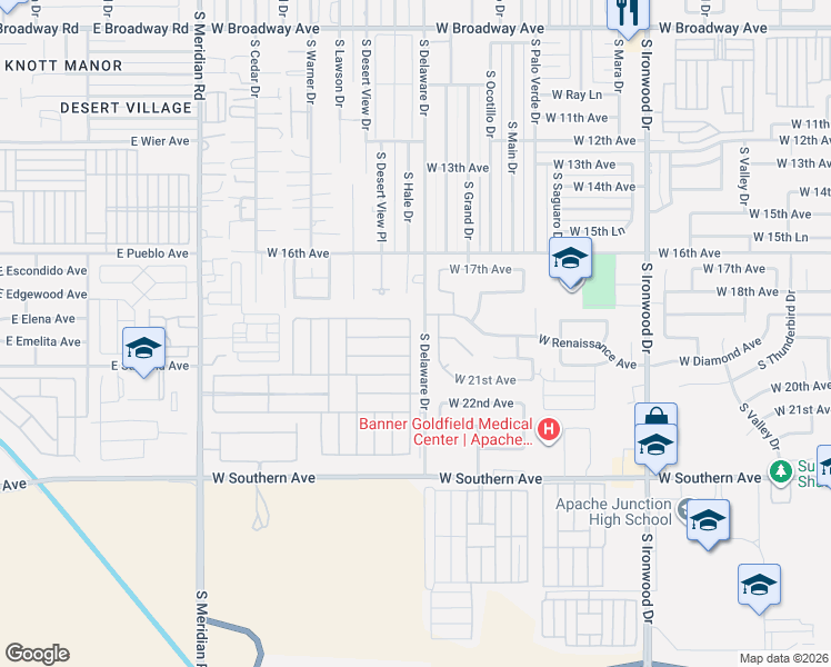 map of restaurants, bars, coffee shops, grocery stores, and more near 2101 South Meridian Road in Apache Junction