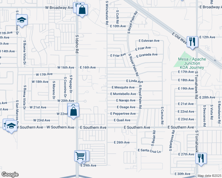 map of restaurants, bars, coffee shops, grocery stores, and more near 408 East Montebello Avenue in Apache Junction