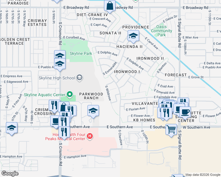 map of restaurants, bars, coffee shops, grocery stores, and more near 10346 East Emerald Avenue in Mesa