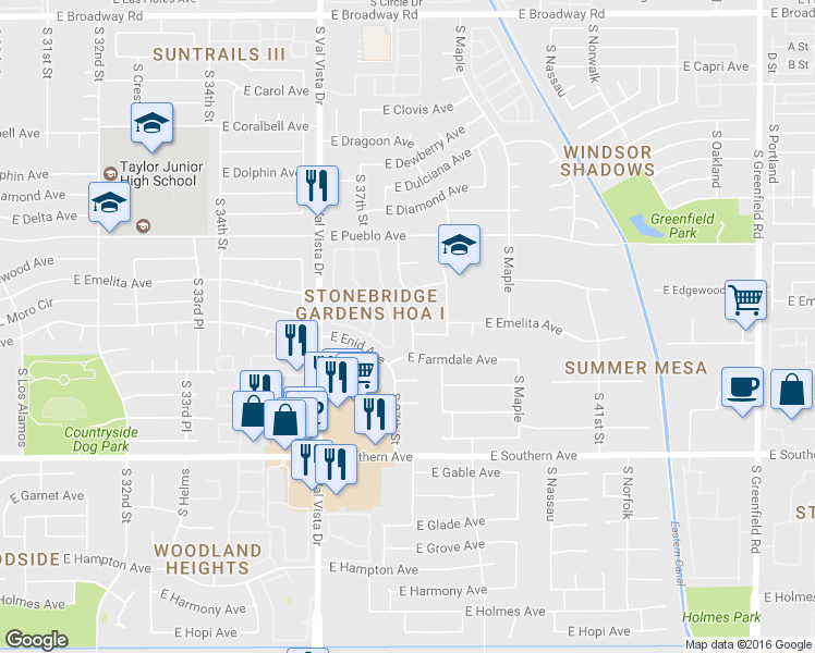 map of restaurants, bars, coffee shops, grocery stores, and more near 3725 East Emerald Avenue in Mesa