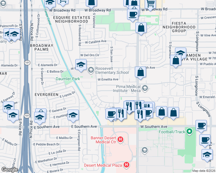 map of restaurants, bars, coffee shops, grocery stores, and more near 2202 West Enid Avenue in Mesa