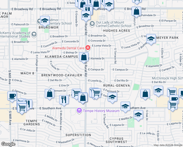 map of restaurants, bars, coffee shops, grocery stores, and more near 917 East Wesleyan Drive in Tempe