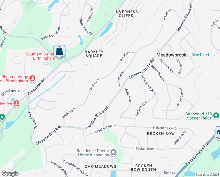 map of restaurants, bars, coffee shops, grocery stores, and more near 5108 Meadow Brook Road in Birmingham