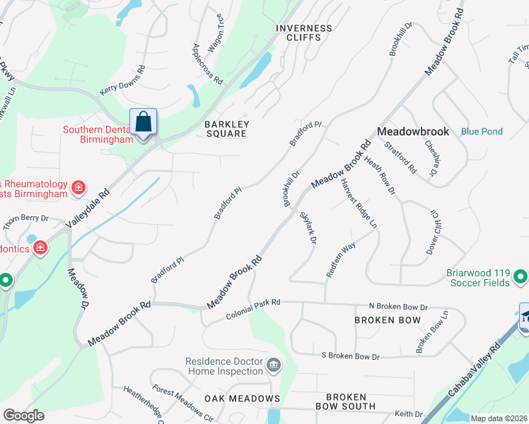 map of restaurants, bars, coffee shops, grocery stores, and more near 5108 Meadow Brook Road in Birmingham