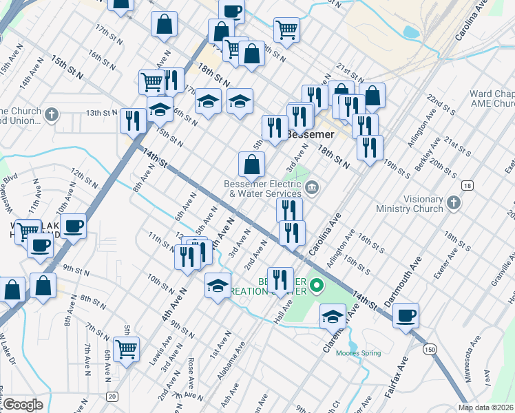 map of restaurants, bars, coffee shops, grocery stores, and more near 1404 3rd Avenue North in Bessemer