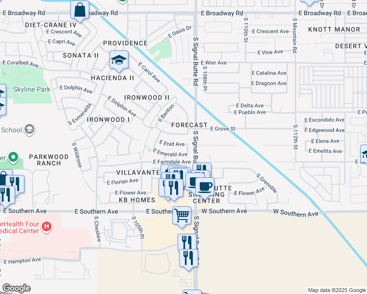map of restaurants, bars, coffee shops, grocery stores, and more near 10741 East Enid Avenue in Mesa