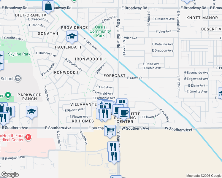 map of restaurants, bars, coffee shops, grocery stores, and more near 10741 East Enid Avenue in Mesa