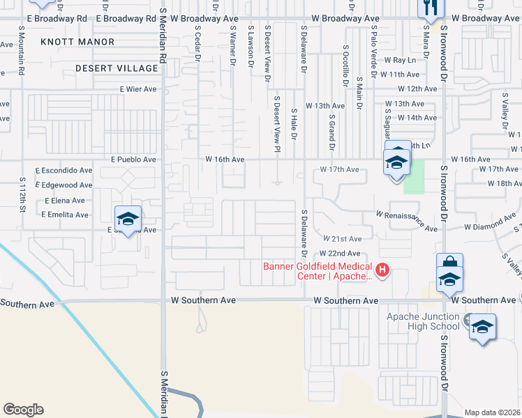 map of restaurants, bars, coffee shops, grocery stores, and more near 2101 South Meridian Road in Apache Junction