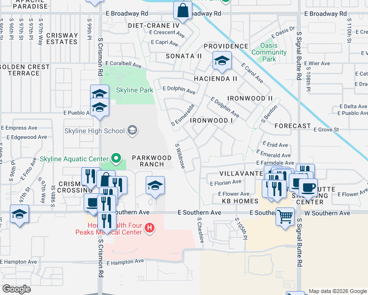 map of restaurants, bars, coffee shops, grocery stores, and more near 10346 East Emerald Avenue in Mesa